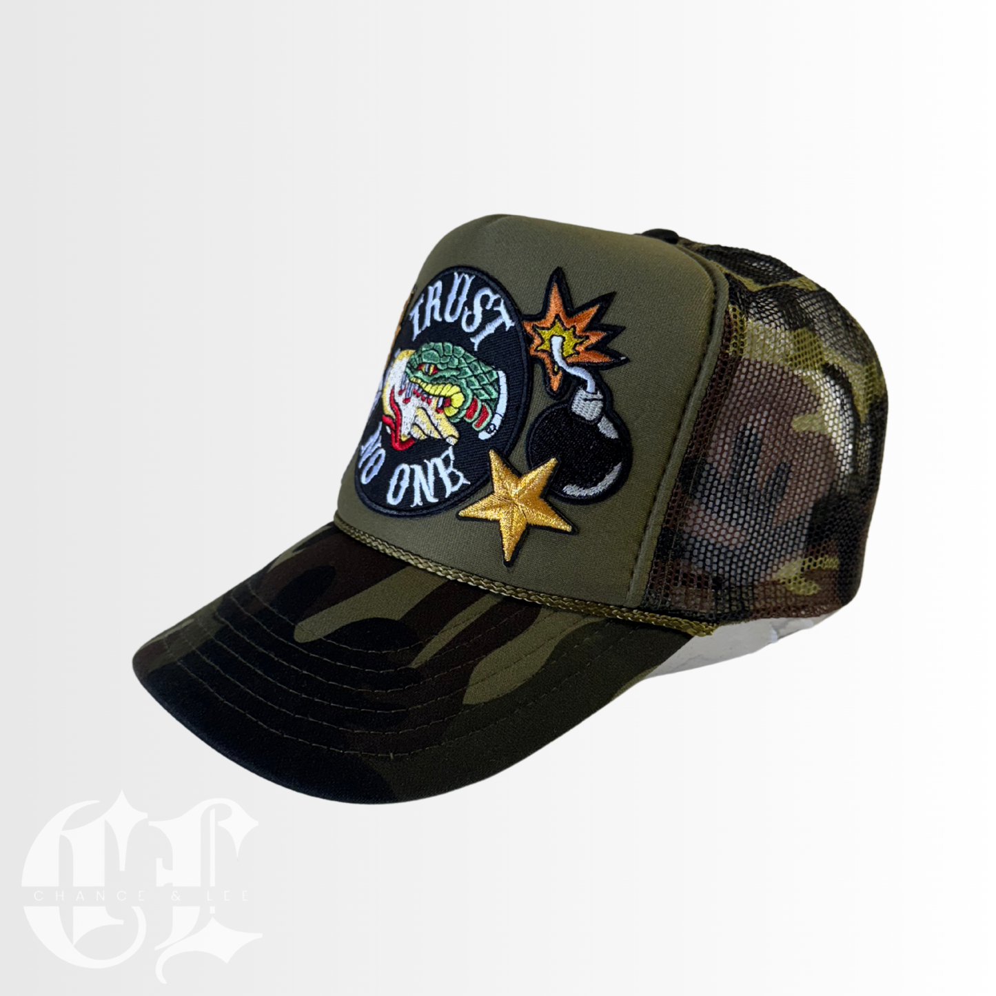 Trust No One Camo Patched Trucker (Copy)