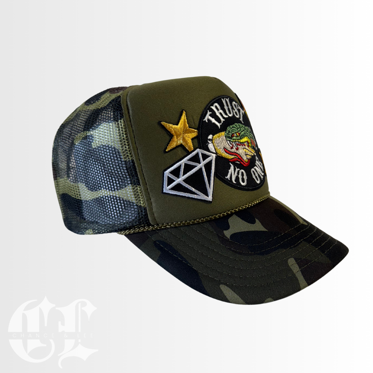 Trust No One Camo Patched Trucker (Copy)